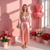Women's Satin Long-sleeved Nightdress Stitching Mesh Lace Homewear