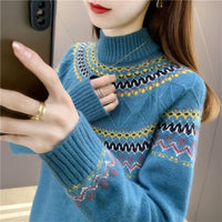 Autumn And Winter Blue Pullover Mock Neck Sweater Women's New Loose