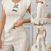 Womens Spring Summer Pajamas Luxe Lace-Trimmed Textured Floral Design Loungewear