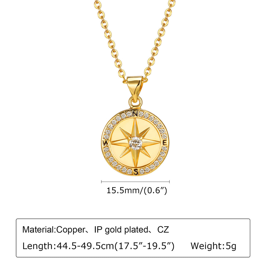 Fashion Lady Copper Zircon Compass Round Plate Pendant Gold Necklace Personality