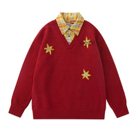 Retro Plaid Patchwork Mock Two-Piece Letter And Star Embroidered Sweater