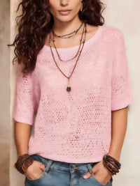 Womens Short-sleeve Knitted Openwork Beach Tunic