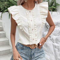 Pure Color Minimal Versatile Top Ruffled Short Sleeves Shirt