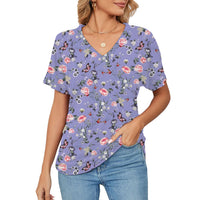 Women's T-shirt, Natural Plant And Floral Print, Casual V-neck Short Sleeves