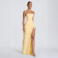 Tube Top Pleated Slit Dress