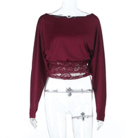 Women's Lace Patchwork Asymmetric Shoulder Top