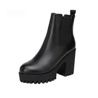 Women's Solid Color Genuine Leather High-heel Thick-heel Platform Mid-calf Boots