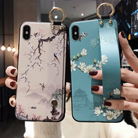Compatible with Apple , Phone Case Vintage Floral Painted Embossed Wrist Strap
