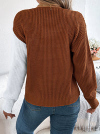 Women Casual V-Neck Button Color Block Lantern Sleeve Pullover Sweater