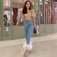 High Waist Straight Loose Slim Pants Real Ostrich Feather