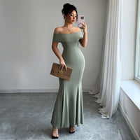 Womens Solid-Color Off-the-Shoulder Slim Long Dress
