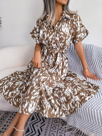Women's Casual Loose Leopard Print Tie Waist Shirt Dress