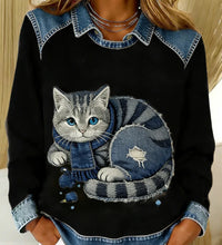Womens Denim Crew-Neck 3D Digital Print V-Neck T-Shirt