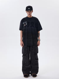 Distressed Multi-pocket Jeans Loose Wide-leg Overalls