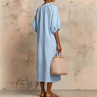 Womens Solid-Colored Cotton-Linen Loose-Fit Casual Puff-Sleeve Dress