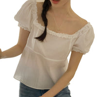 Wood Ear Mushroom-patterned Ruffled-trim Square-neck Puffed-sleeve Shirt