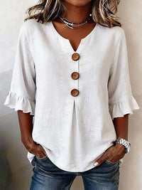 Women's V-neck Cotton-linen Button-up Top