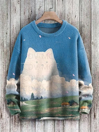 Vintage Japanese-style Painting Cat Art Casual Printed Chunky-knit Crewneck Hoodie For Men And Women