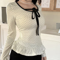 Polka-dot Printed Lace-trimmed Long-sleeve Top For Women