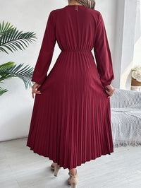 Women's Elegant Triple V Neck Long Sleeve Tie Waist Pleated Maxi Dress