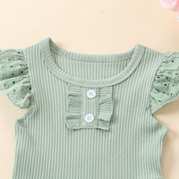 Girls' Flounced Sleeve Buttons Sunken Stripe Cotton Shorts Suit