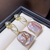 Colorful French Retro Natural Square Baroque Shaped Pearl Stud Earrings