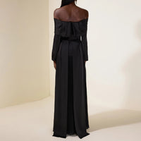 Off-shoulder Long-sleeve Slim-fit Black Patchwork Dress