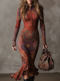 Retro Printed Zipper Long Sleeved Dress