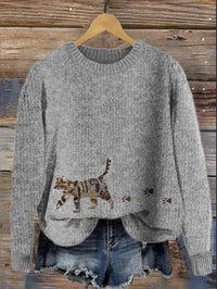 Coarse Needle Printed Animal Women's Round Neck Striped Spliced Sweater