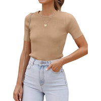 Top Hot Girl Autumn Short Sleeve Slim Round Neck Rib Milk Silk T-shirt For Women