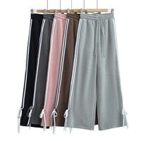 Side-striped Bow-tie-detailed High-waist Casual Loose Wide-leg Straight Pants