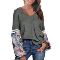 New European And American Autumn And Winter V-neck Waffle Loose Printed Long-sleeved T-shirt