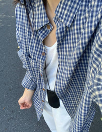 Arrival Loose-fit Blue Plaid Long-sleeve Sun-protective Shirt