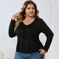 Women's V-neck Waist-casual Knit Solid Long-sleeved Top