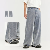 Washed Distressed Men's Clothing Vintage Raw Hem Wide Legs Jeans