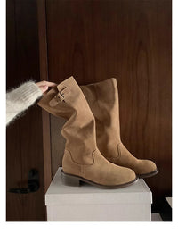 Cowhide Maillard Round Head Buckled Chunky Heel Below The Knee Boots