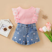 Summer Girls' Suit Polka Dot Mesh Sleeves Denim Shorts