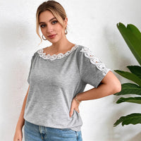 Casual Lace Solid Color Loose Crew Neck Womens T-Shirt