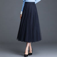Womens Mid-Waist Pleated Flowy Mesh Lace Skirt