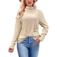 European And American Brushed Sunken Stripe Knitted Turtleneck Side Button Women's Top