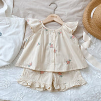 Baby's Embroidered Children's Flounced Sleeve Vest Shorts Two-piece Set