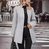 Long Sleeve Solid Color Stand Collar Button Trench Coat Fashion Women's Casual Woolen Coat
