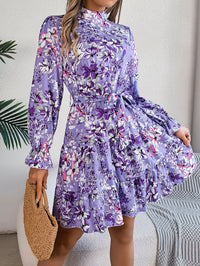 Women's Elegant Stand Collar Floral Print Tie Waist Long Sleeve Ruffle A-Line Skirt