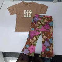 Girls Letter Flower Print Short Sleeve Flared Pants Suit