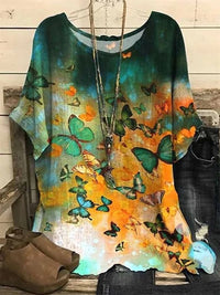 Pattern Printed Loose Short Sleeve Round Neck Shirt