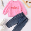 Boys And Girls Casual Letter Print Pullover Sweater Jeans Two-piece Set