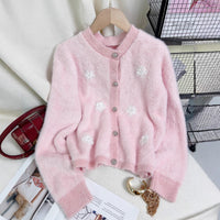 Women's Patchwork Floral Knit Cardigan Round Neck Warm Sweater