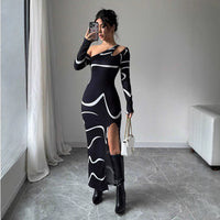 Elegant, Refined Off-shoulder Design Figure-hugging Fit Graffiti Print Asymmetric Long-sleeve Split Dress