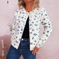 Simple Flower Print Cardigan Commuter Round Neck Knitted Sweater