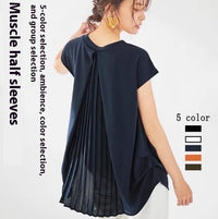 Women's Loose V-neck Short Sleeve Pleated Irregular Stitching Shirt